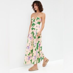 OYSHO Linen Floral Print Maxi Dress Size S